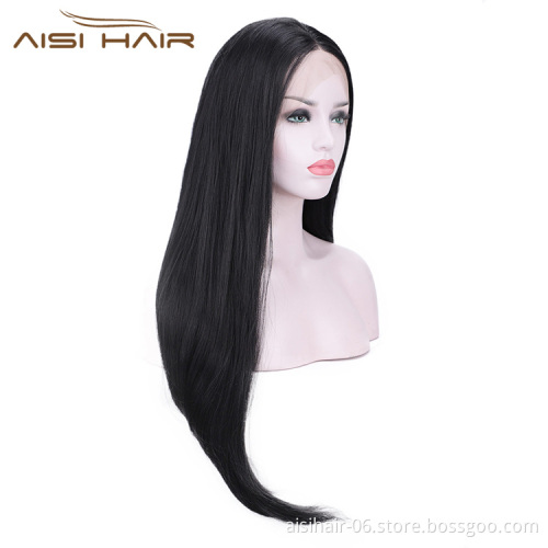 Aisi Hair Heat Resistant Synthetic Fiber Lace Front Long Straight Wig Natural Black Lace Front Soft Straight Long Wigs for Women